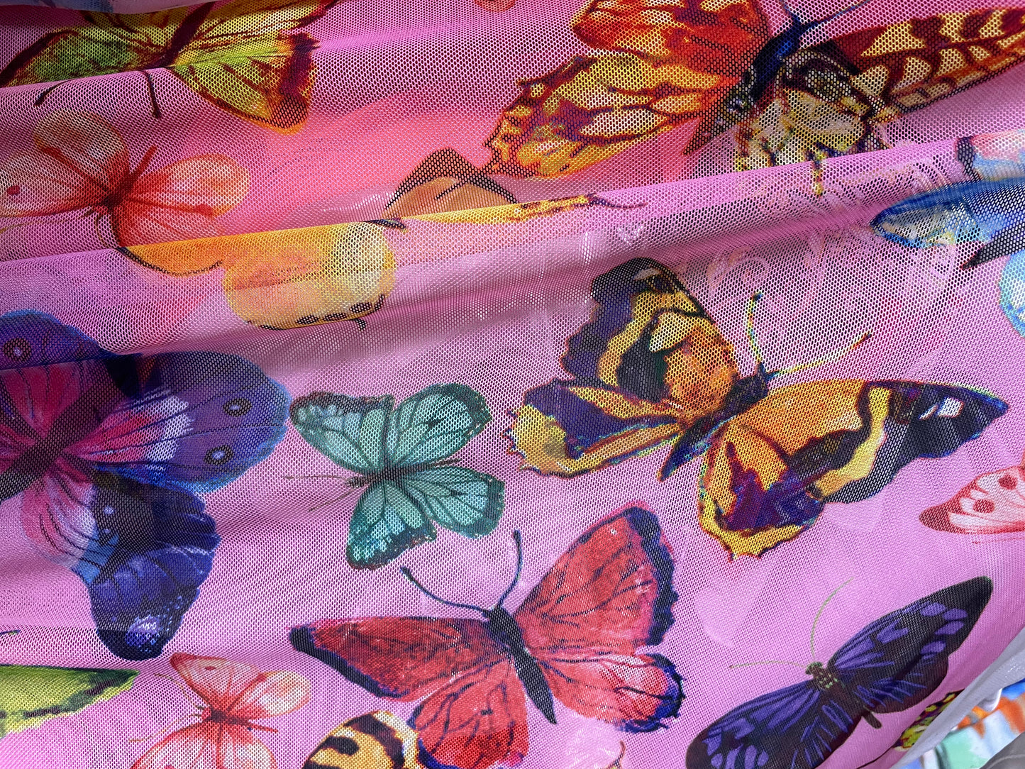 Pink Multi Color Blue Butterfly Printed  Nylon Spandex Mesh "Wings of Summer"