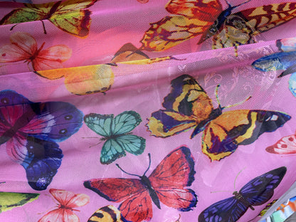 Pink Multi Color Blue Butterfly Printed  Nylon Spandex Mesh "Wings of Summer"
