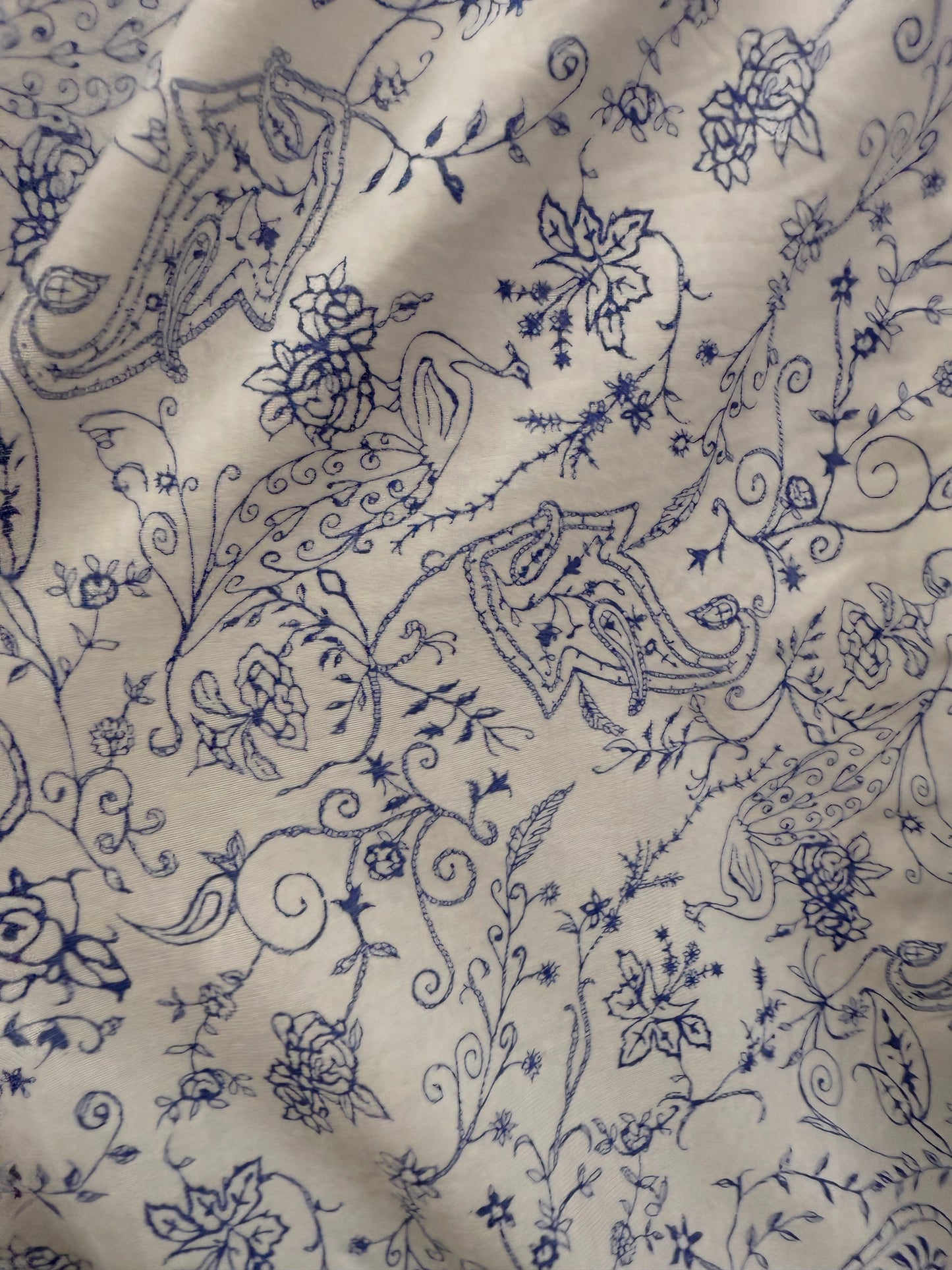Blue White Line Art Peacock Paisley Floral Rayon Spandex "Delicate Dynasty "