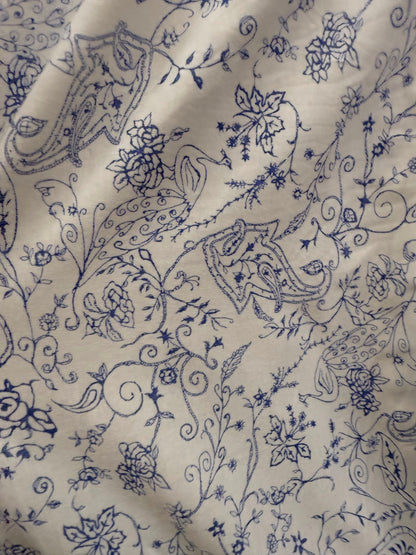 Blue White Line Art Peacock Paisley Floral Rayon Spandex "Delicate Dynasty "