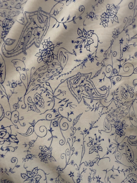 Blue White Line Art Peacock Paisley Floral Rayon Spandex "Delicate Dynasty "