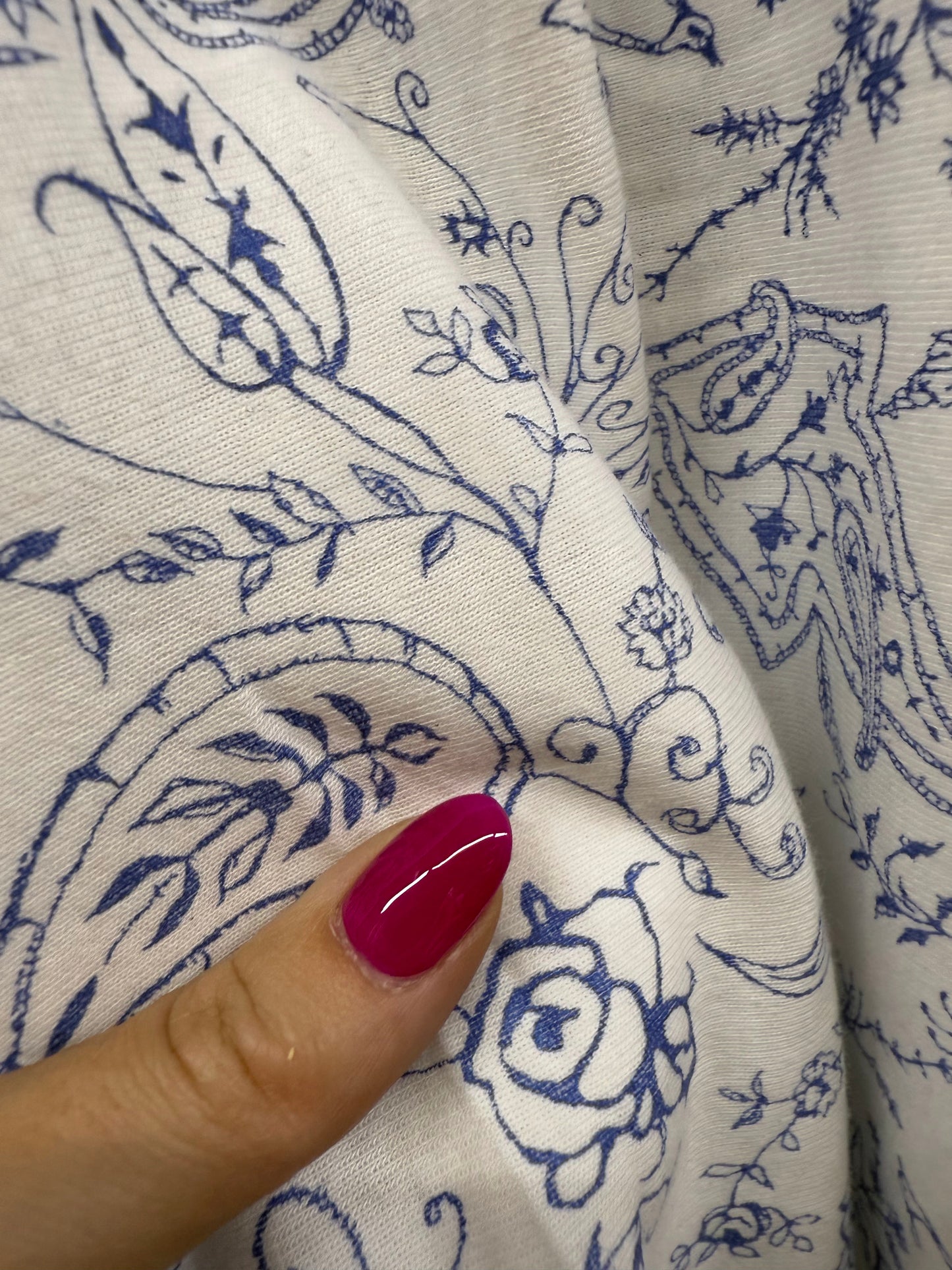 Blue White Line Art Peacock Paisley Floral Rayon Spandex "Delicate Dynasty "