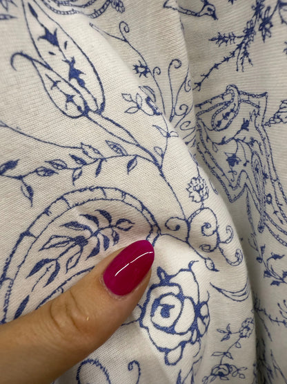 Blue White Line Art Peacock Paisley Floral Rayon Spandex "Delicate Dynasty "
