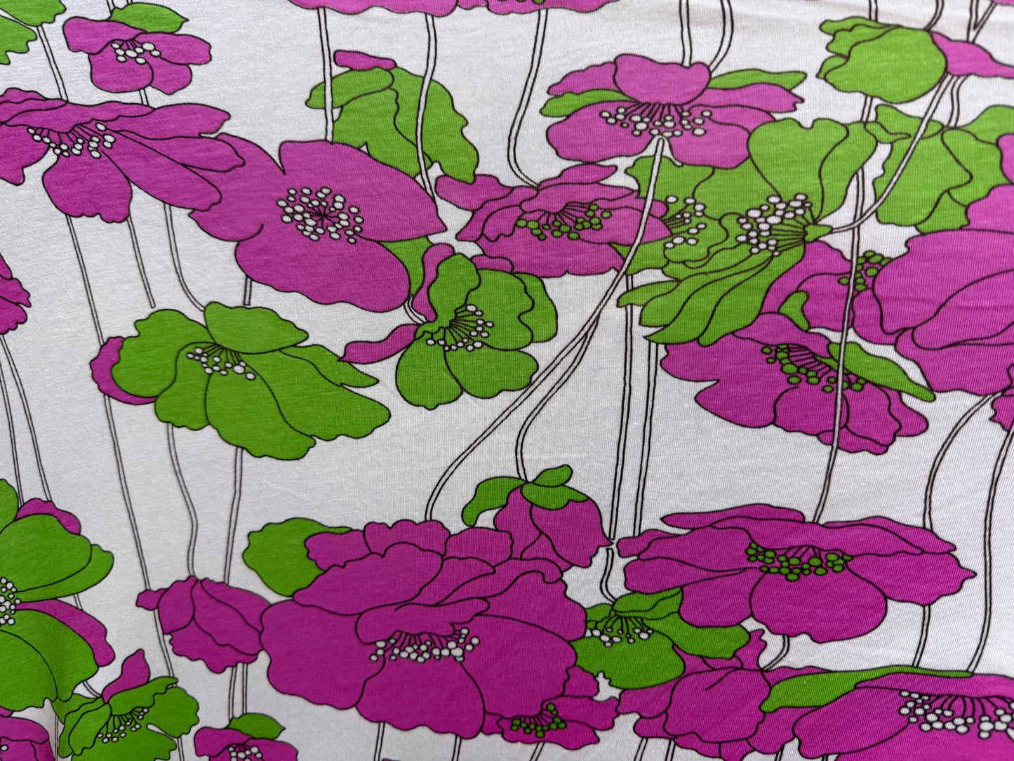 Green Purple White Black Large floral Cotton Jersey "Retro Alice Garden"