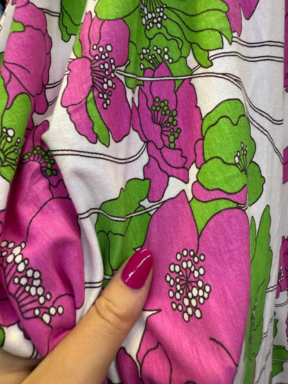 Green Purple White Black Large floral Cotton Jersey "Retro Alice Garden"