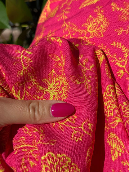 Fuchsia Magenta Pink Yellow Boho Floral Print Rayon Challis Woven "Bali Bound"