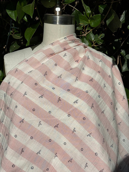 Pink White Stripe  Navy Flamingos Print Cotton Voile Woven "Flock Together"