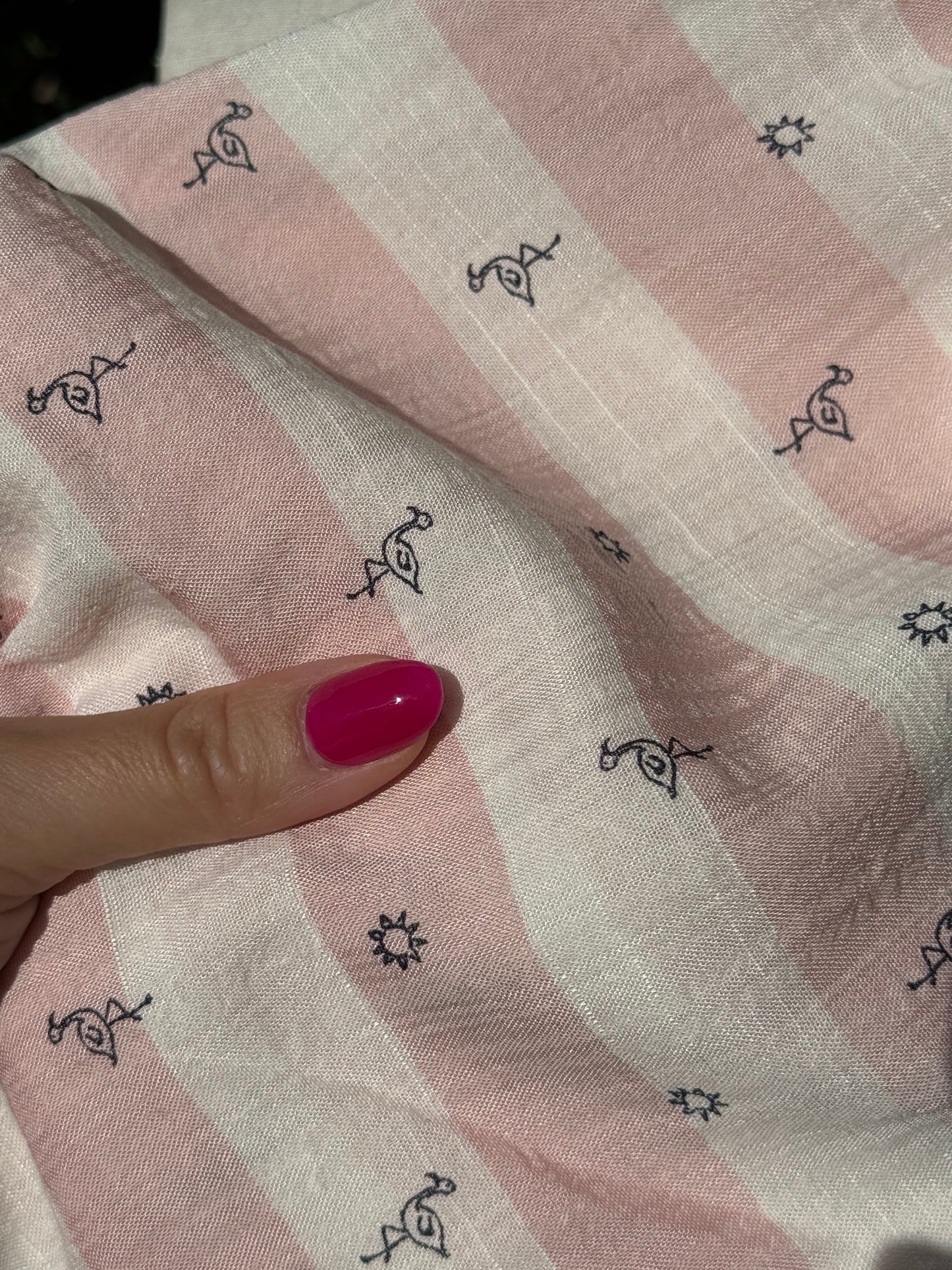 Pink White Stripe  Navy Flamingos Print Cotton Voile Woven "Flock Together"