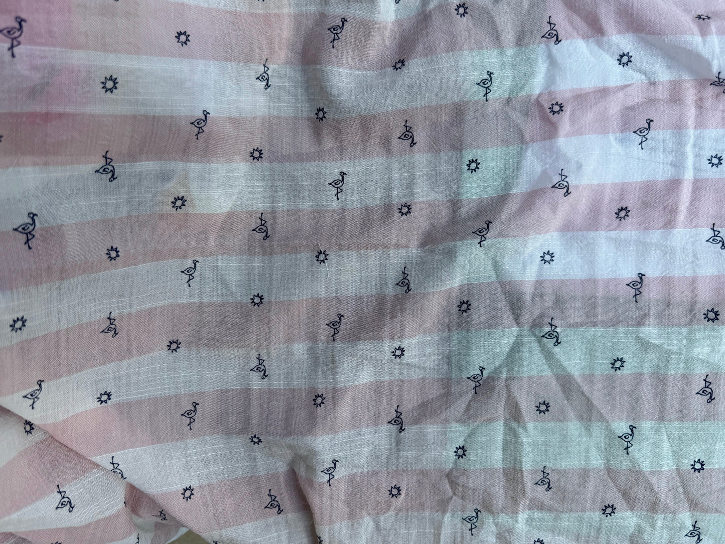 Pink White Stripe  Navy Flamingos Print Cotton Voile Woven "Flock Together"