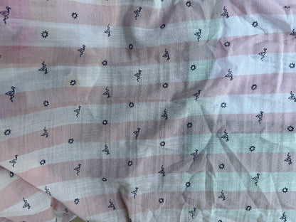 Pink White Stripe  Navy Flamingos Print Cotton Voile Woven "Flock Together"