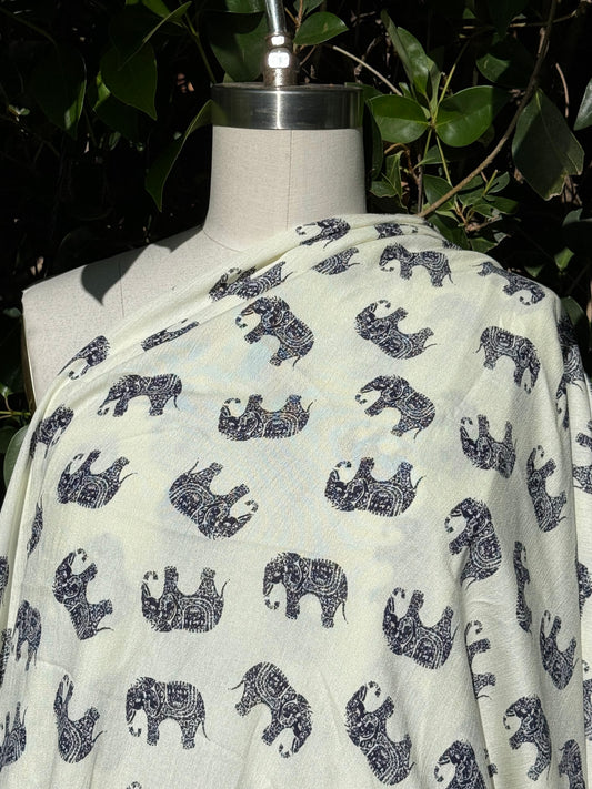 Black White Stamp Elephant Print Rayon Crepe "Bali Trip"