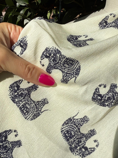 Black White Stamp Elephant Print Rayon Crepe "Bali Trip"