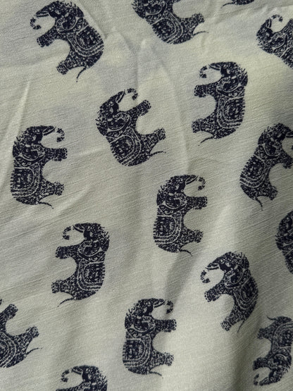 Black White Stamp Elephant Print Rayon Crepe "Bali Trip"