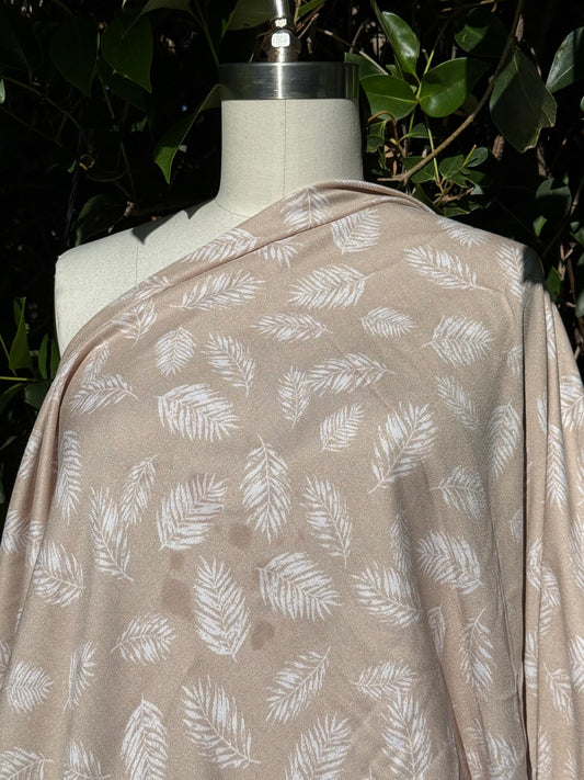 White Tan Feather Print Rayon Crepe "Down Feather Breeze"