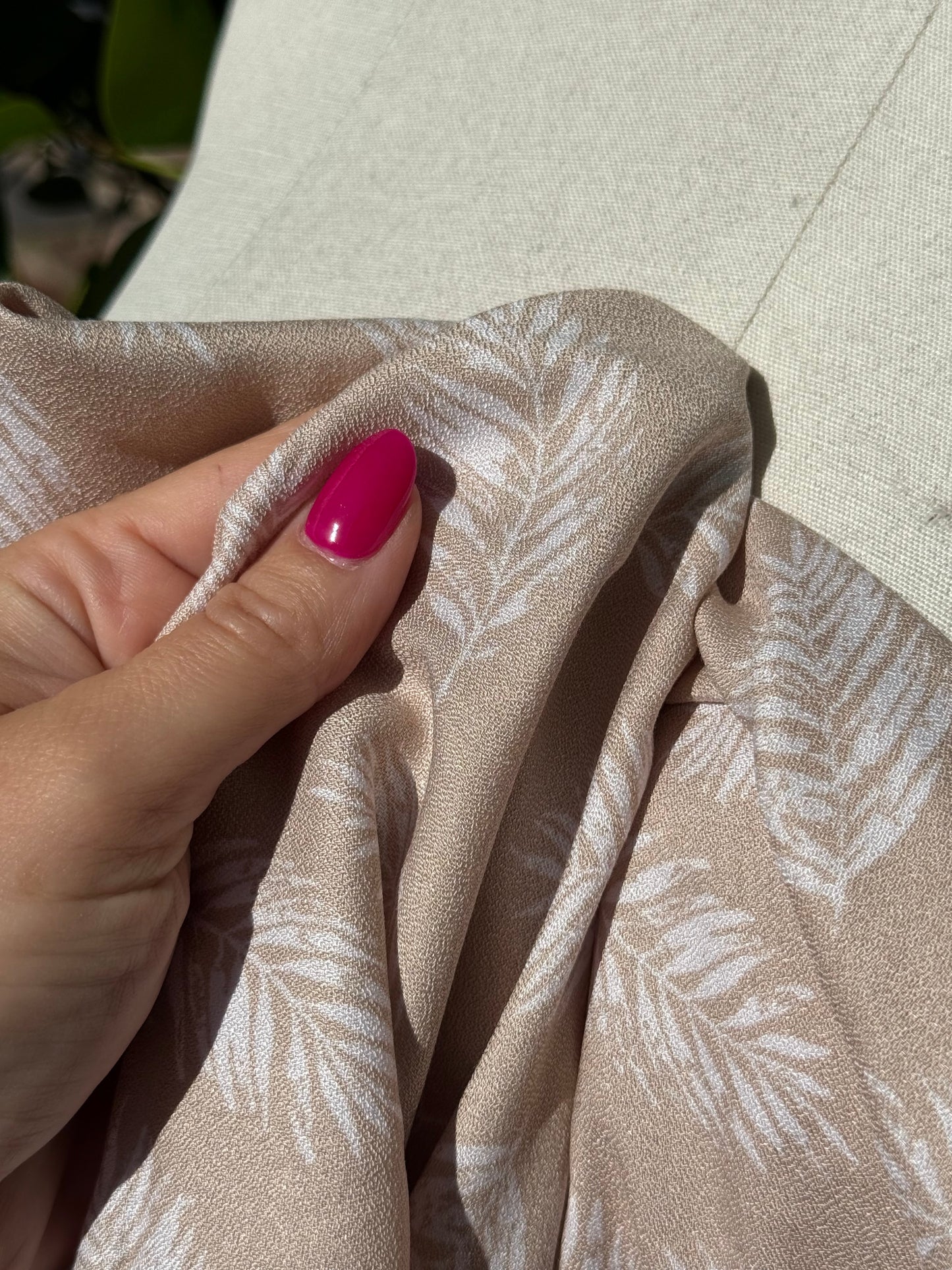 White Tan Feather Print Rayon Crepe "Down Feather Breeze"