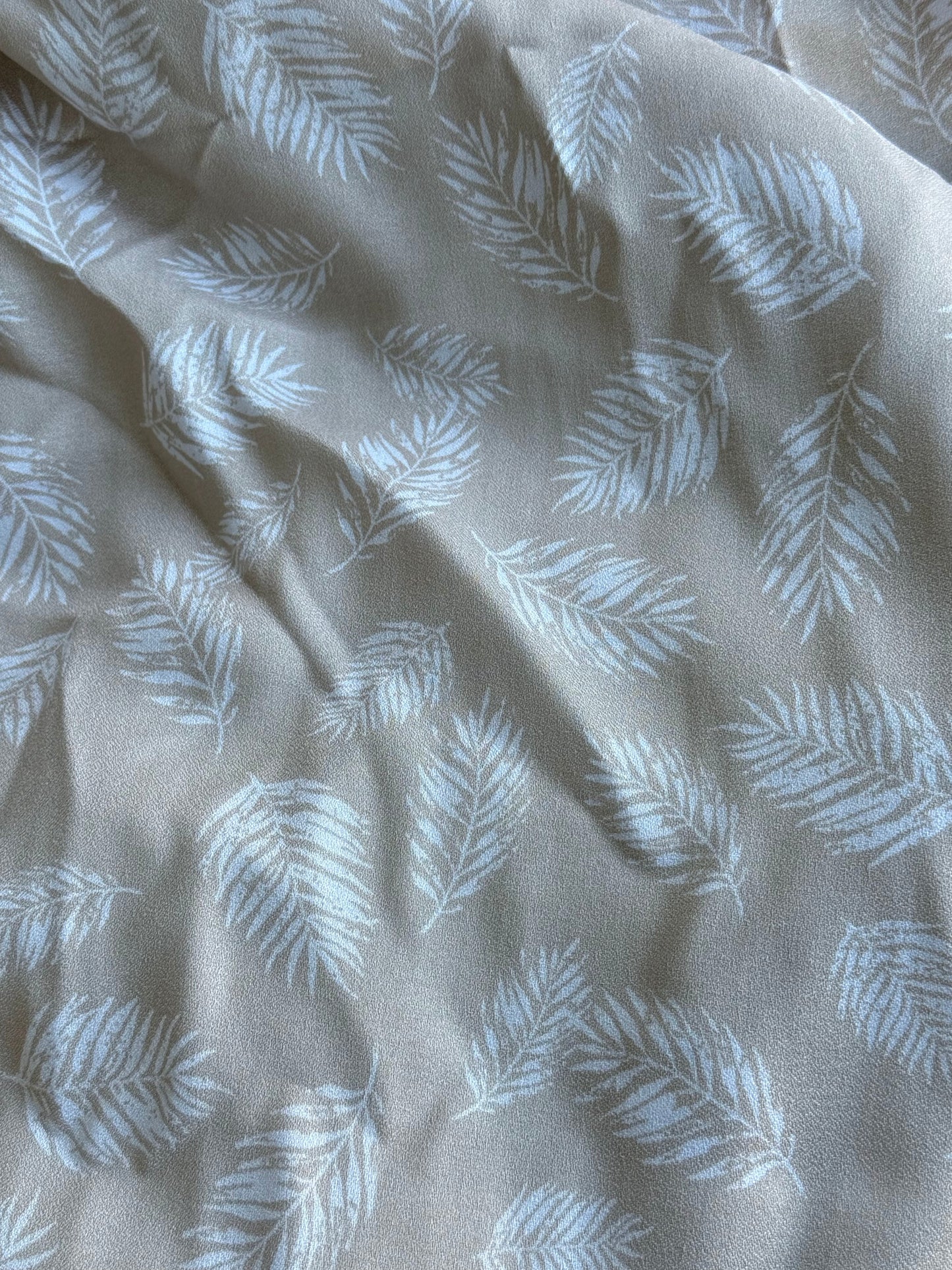 White Tan Feather Print Rayon Crepe "Down Feather Breeze"
