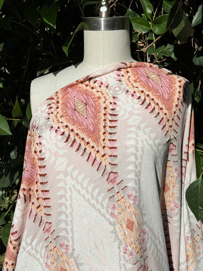 Pink Cream Yellow Orange Geometric Rayon Crepe "Aztec Sunrise"