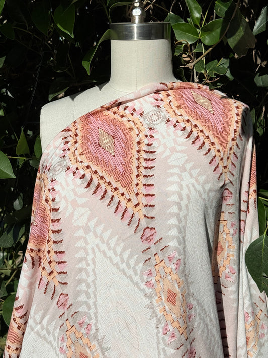 Pink Cream Yellow Orange Geometric Rayon Crepe "Aztec Sunrise"
