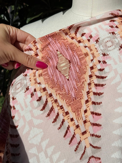 Pink Cream Yellow Orange Geometric Rayon Crepe "Aztec Sunrise"