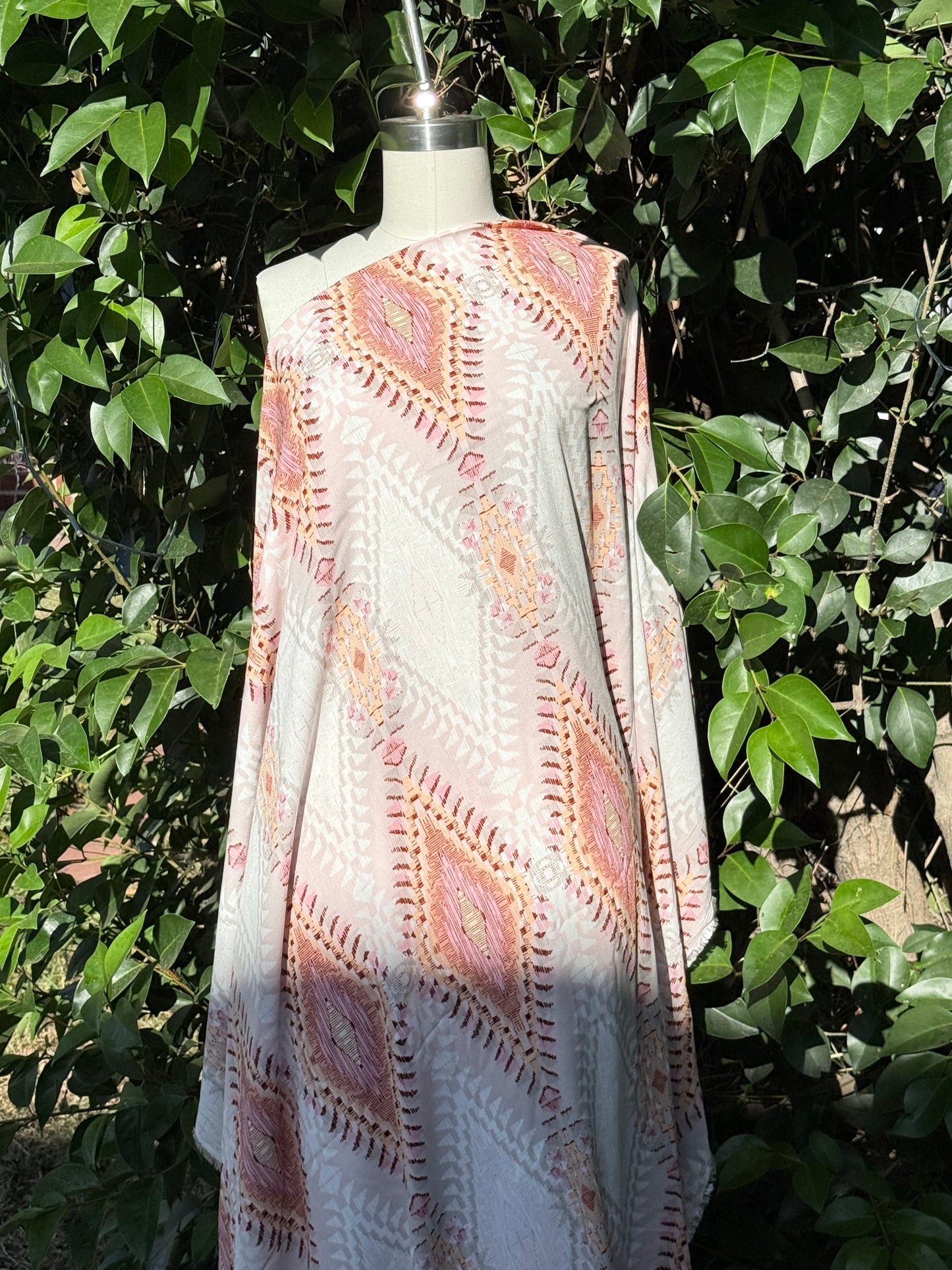 Pink Cream Yellow Orange Geometric Rayon Crepe "Aztec Sunrise"