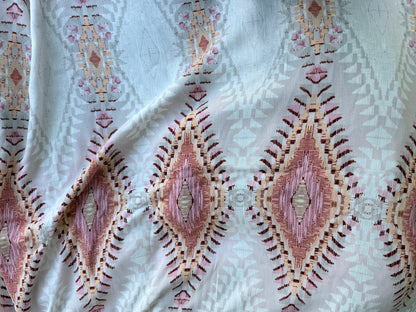 Pink Cream Yellow Orange Geometric Rayon Crepe "Aztec Sunrise"
