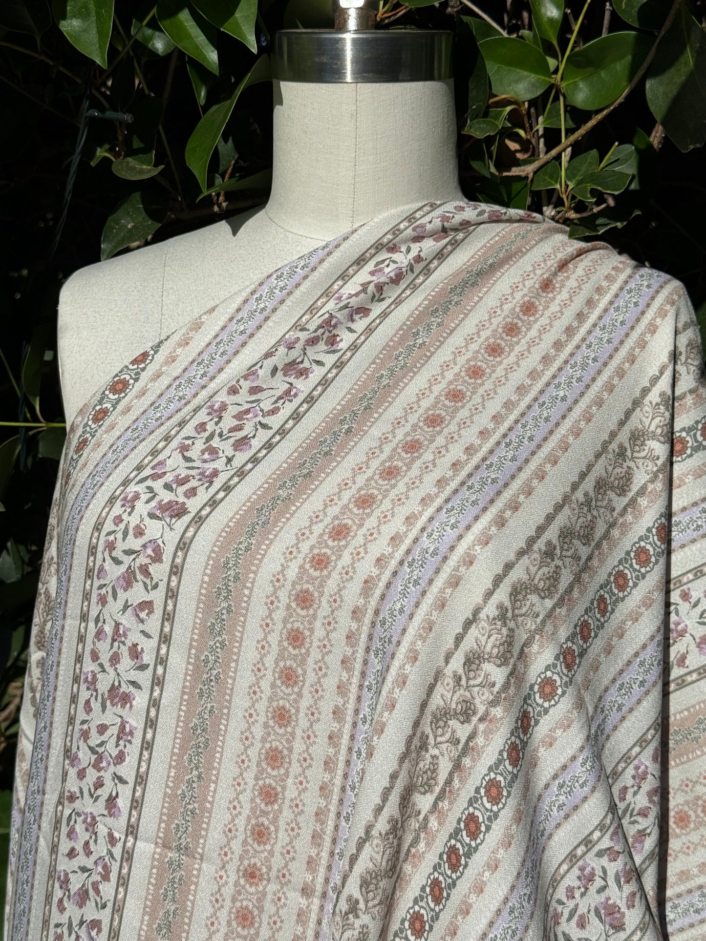 Cream Blue Pink Purple Green Floral Stripe  Rayon Crepe "Blanca Row's"