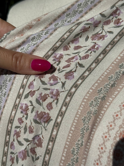 Cream Blue Pink Purple Green Floral Stripe  Rayon Crepe "Blanca Row's"