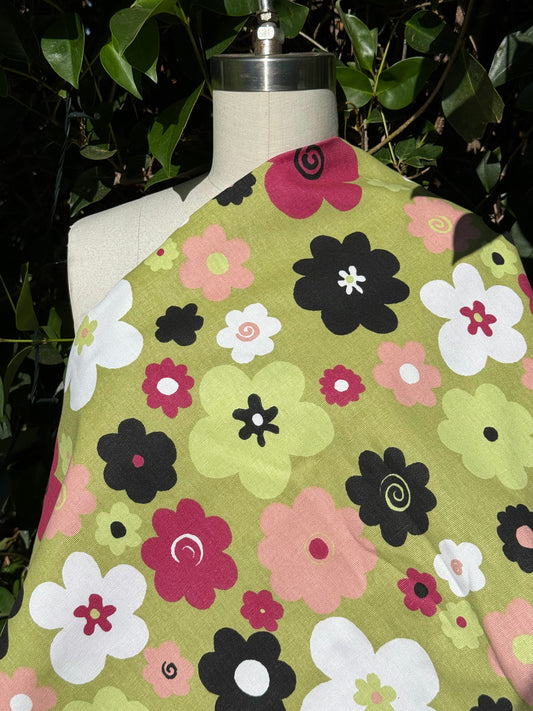 Olive Green Pink White Black Daisy Floral Print Cotton Canvas Woven "Doodle Daisy"