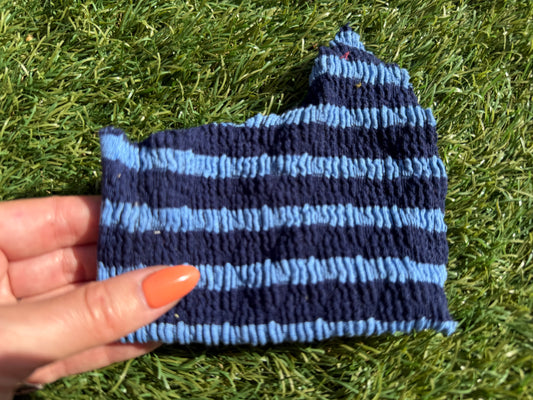 Blue Navy Stripe Smocked Rayon Spandex Knit “Sour Blue Rasberry"