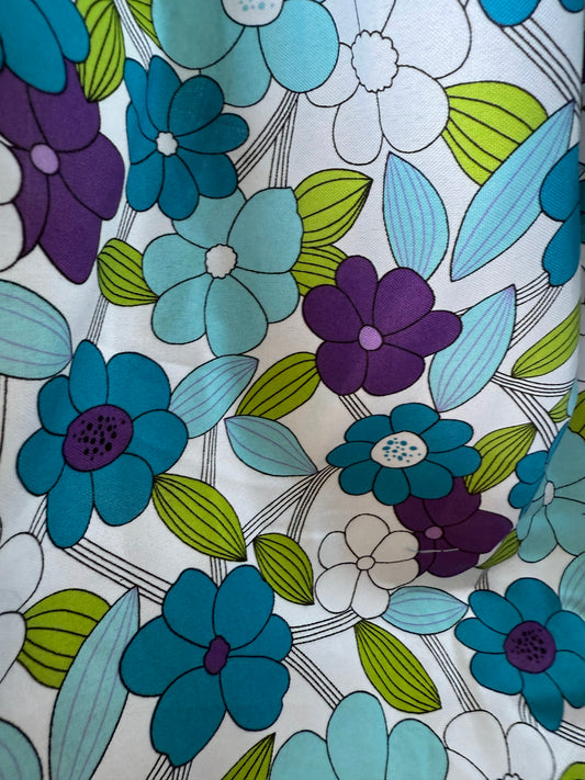 White Blue Green Purple Black Floral Line Art Print Cotton Poplin "Flower Power Pop"