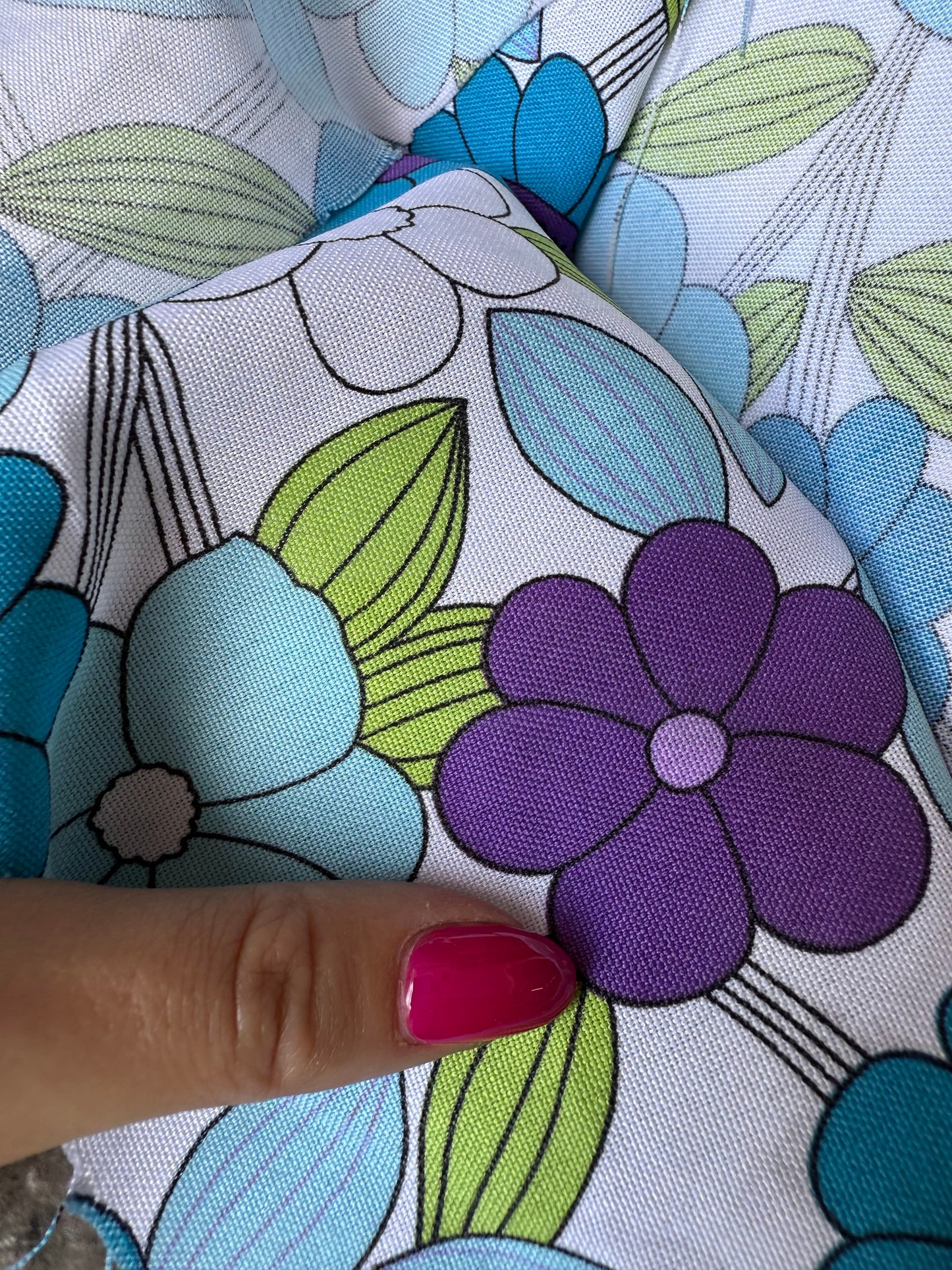 White Blue Green Purple Black Floral Line Art Print Cotton Poplin "Flower Power Pop"