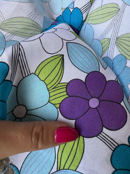 White Blue Green Purple Black Floral Line Art Print Cotton Poplin "Flower Power Pop"