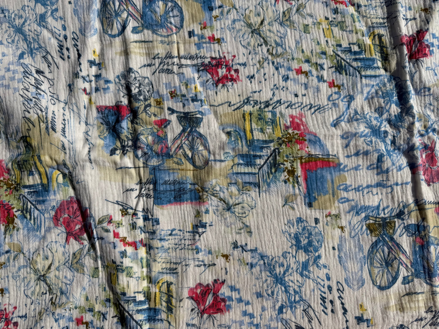 White Blue Pink Bicycle Print Double Cotton Gauze Woven "Daisy Bell"