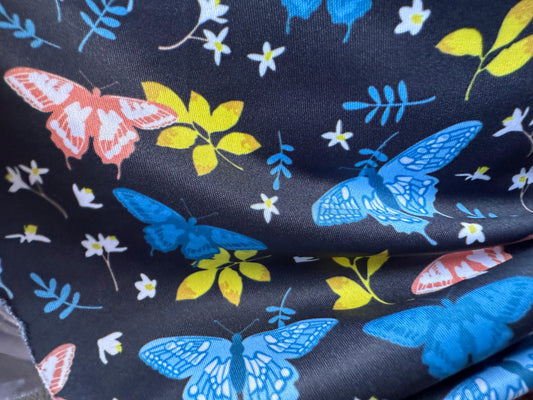 Blue Pink White Yellow Butterfly Floral Print Polyester Spandex Knit "Night Flutters"