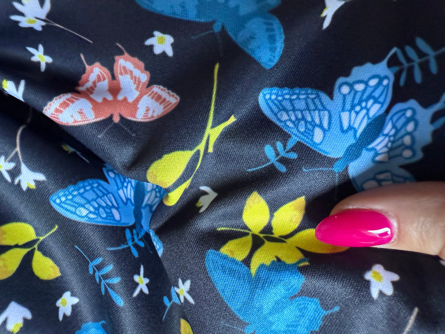Blue Pink White Yellow Butterfly Floral Print Polyester Spandex Knit "Night Flutters"