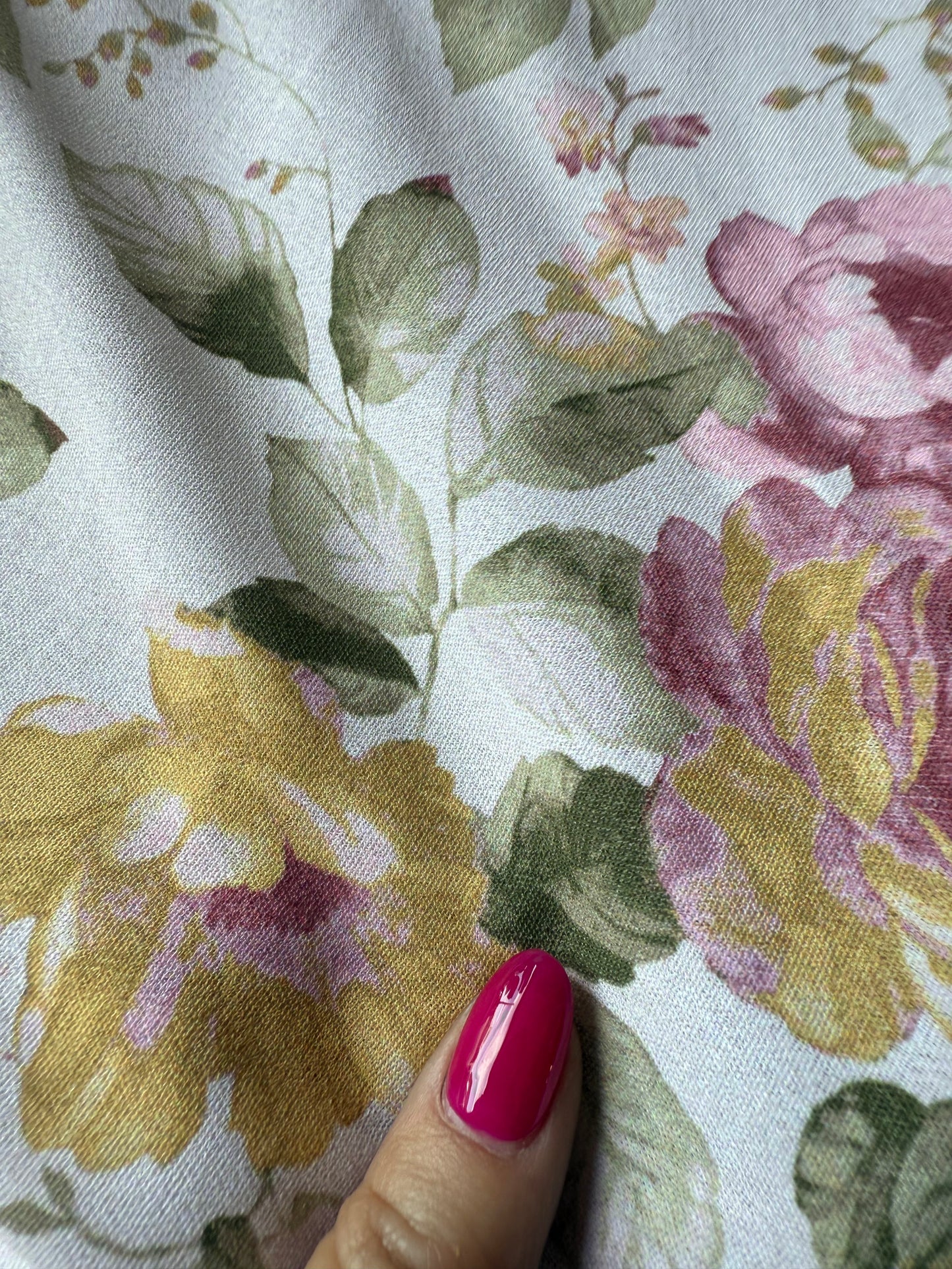 Dusty Pink Yellow Green White Floral Polyester Woven "Aquarelle Blooms"