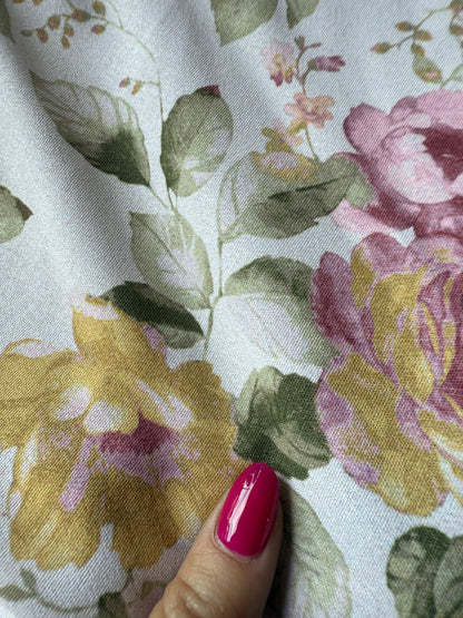 Dusty Pink Yellow Green White Floral Polyester Woven "Aquarelle Blooms"