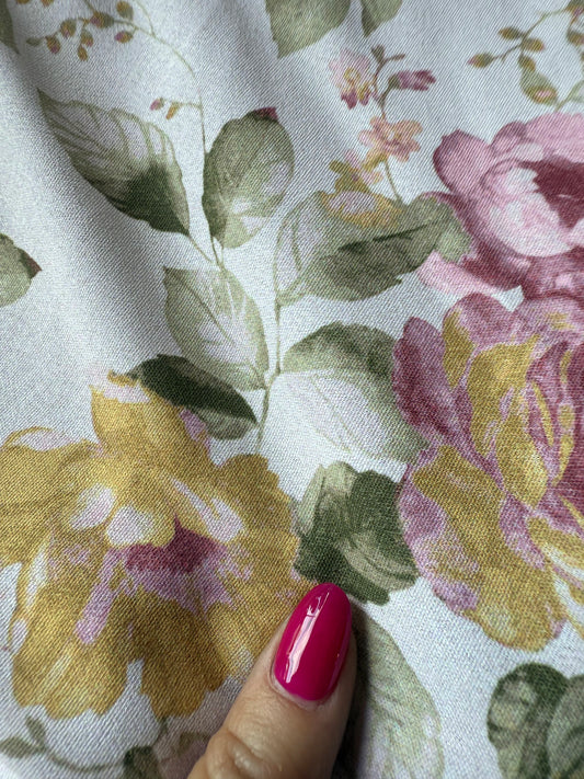 Dusty Pink Yellow Green White Floral Polyester Woven "Aquarelle Blooms"