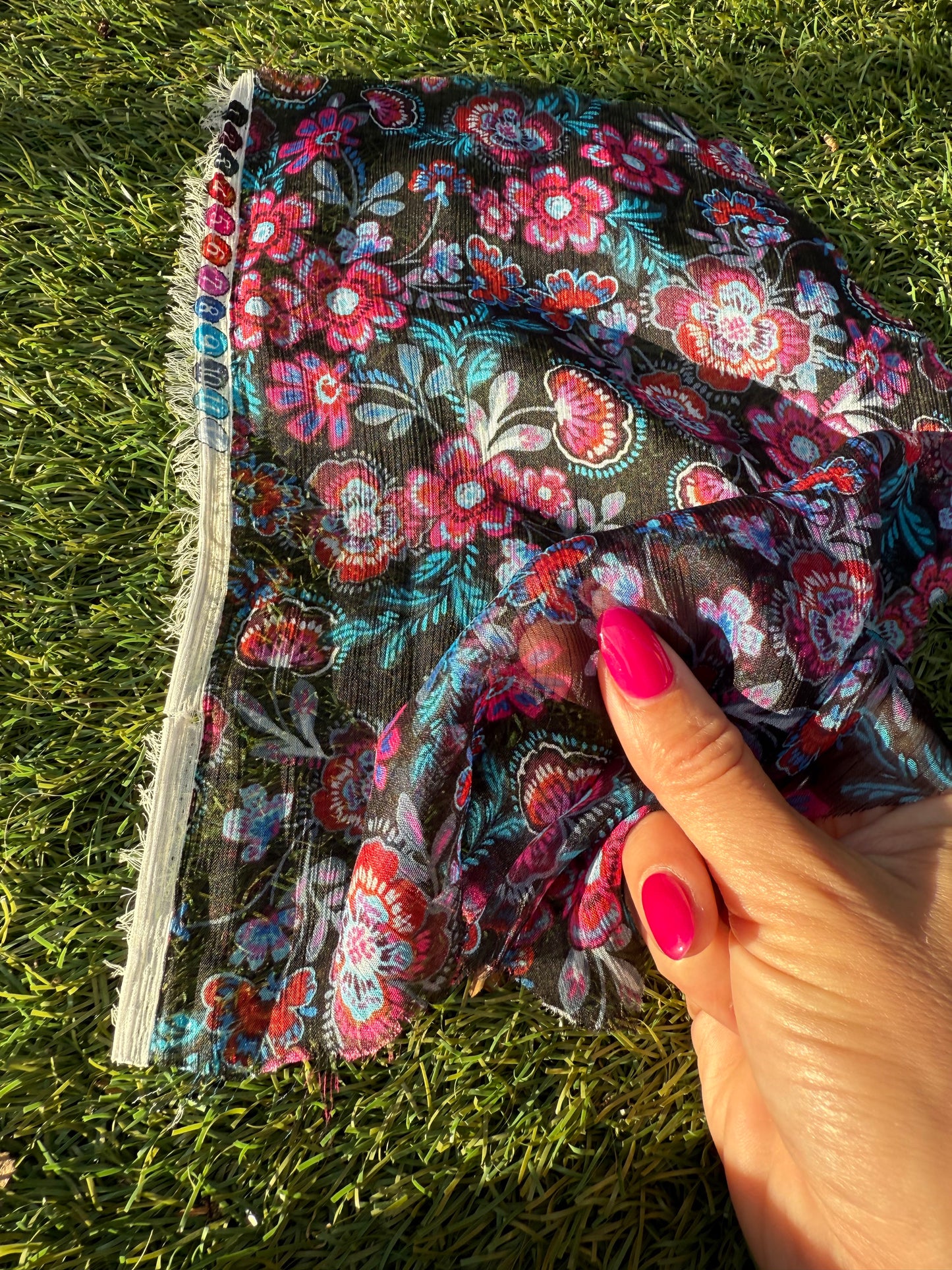 Black Red Blue Orange White Pink Sheer Floral Polyester Crinkle Chiffon "In the Garden of the Night"