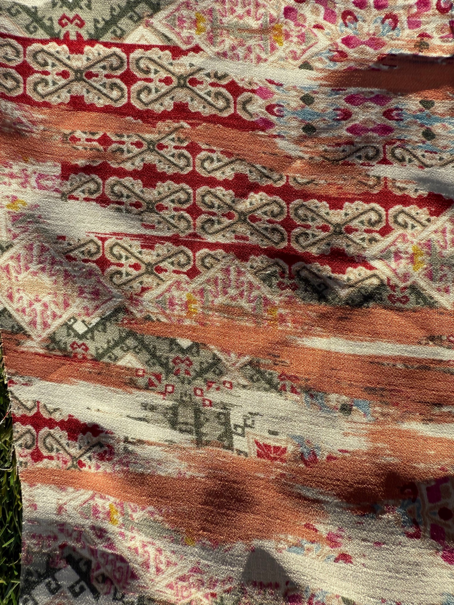 Peach Red Blue White Pink Black Tan Threadbare Geometric Motif Polyester Crepe "Threadbare Persian "