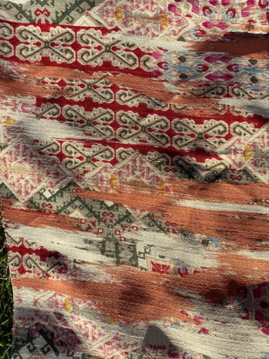Peach Red Blue White Pink Black Tan Threadbare Geometric Motif Polyester Crepe "Threadbare Persian "