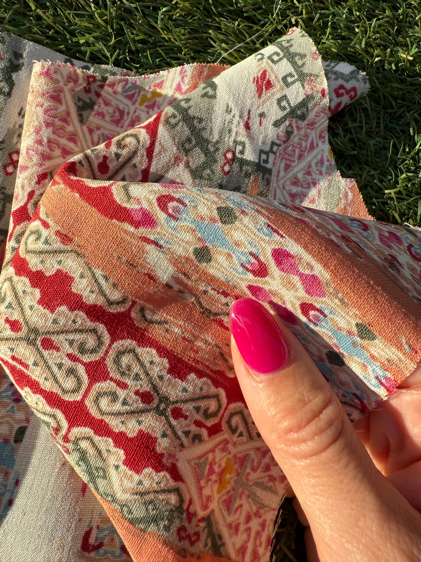 Peach Red Blue White Pink Black Tan Threadbare Geometric Motif Polyester Crepe "Threadbare Persian "
