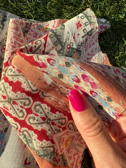 Peach Red Blue White Pink Black Tan Threadbare Geometric Motif Polyester Crepe "Threadbare Persian "