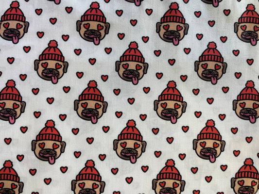 Pug  Heart Eyes with Beanie Print Cotton Poplin Quilting "Best Beanie Boy"