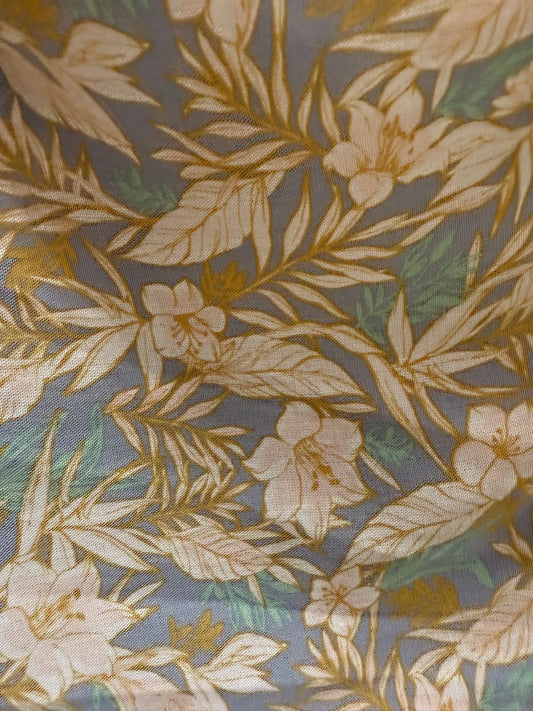 Blue Yellow White Green Floral Tropical Resort Rayon Crepe Woven "Golden Resort"
