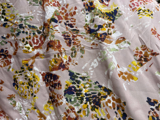 Light Pink Yellow Blue Green Orange White Red Abstract Impressions Rayon Challis Woven "Stamped Impressions"