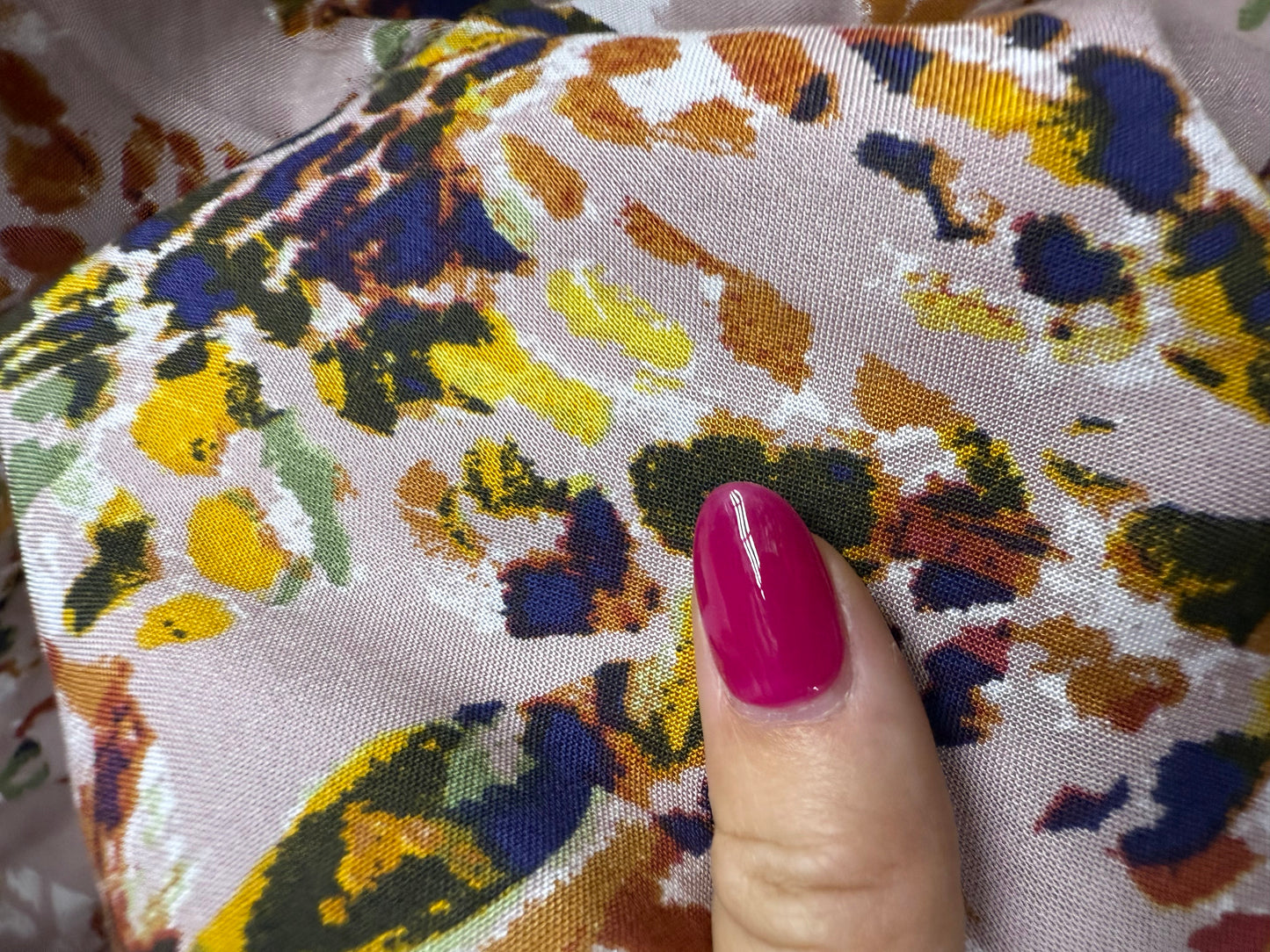 Light Pink Yellow Blue Green Orange White Red Abstract Impressions Rayon Challis Woven "Stamped Impressions"