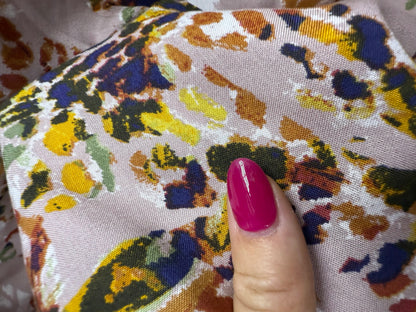 Light Pink Yellow Blue Green Orange White Red Abstract Impressions Rayon Challis Woven "Stamped Impressions"