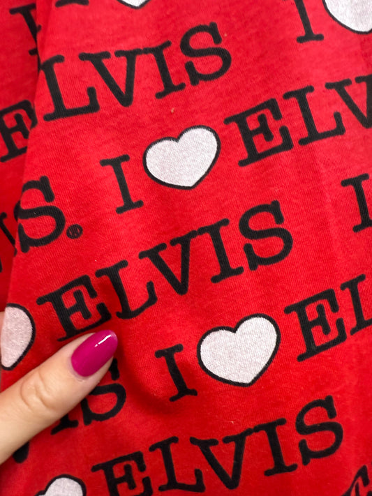 Red White Black Heart "I love Elvis" text print Cotton Spandex "Love of "The King"