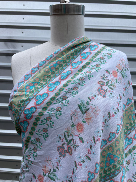 White Sage Pink Blue Paisley Stripe Soft Rayon Crepe "Folky Georgia"